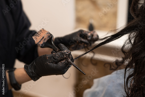 Hand holding dyeing brush and hair lock with brush close up