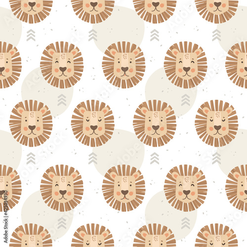The face of a lion on a white background, different emotions. Hand-drawn illustration in Scandinavian style. Vector seamless pattern with texture and ornamental elements. Wild animals in the jungle