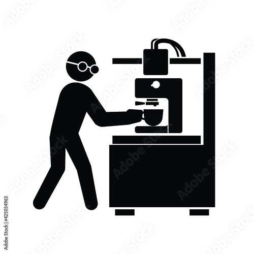 Male Coffee Barista Silhouette Making Espresso and Steaming Milk with Espresso Machine Vector Illustration