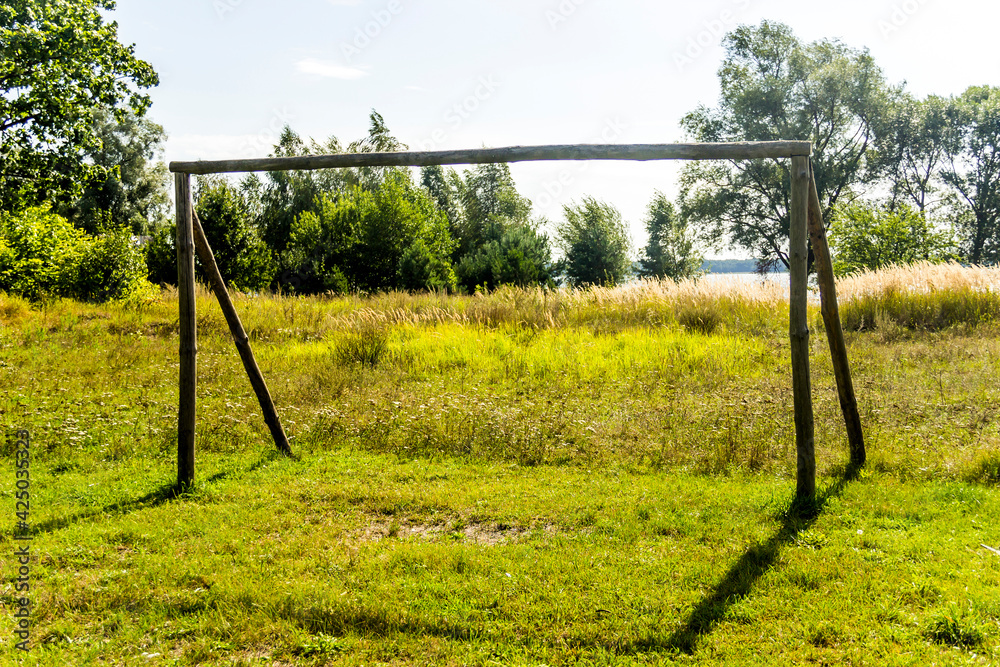 the primitive handmade wooden footbal goal at the meadow the primitive handmade wooden footbal goal at the meadow