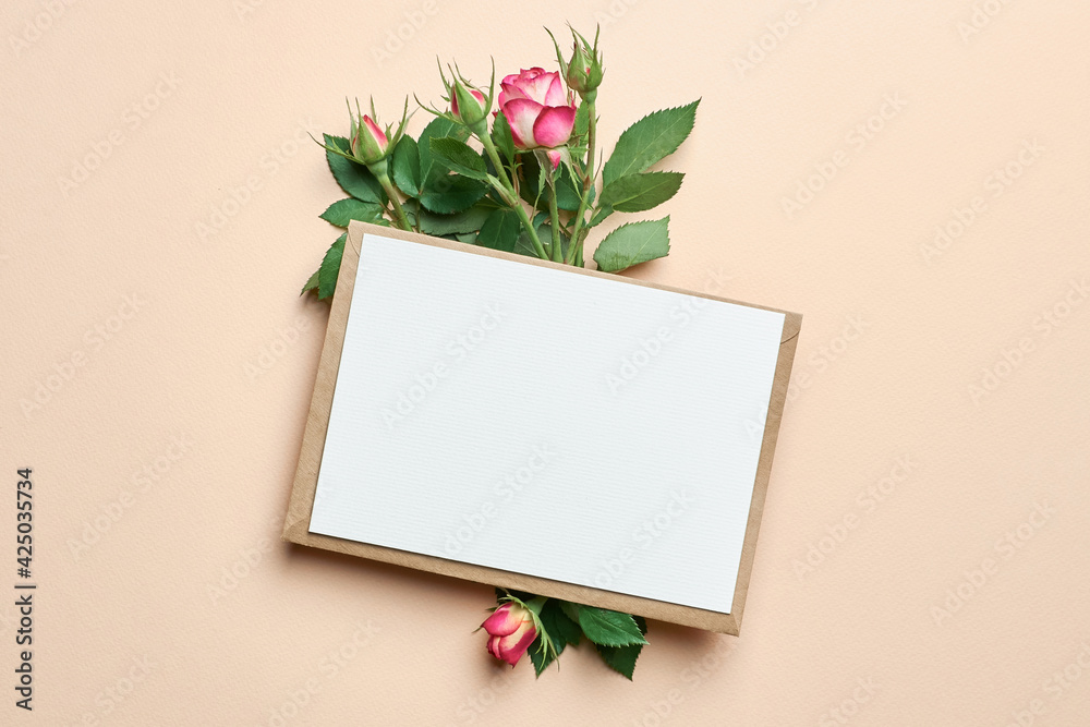 Greeting card with fresh roses flowers on paper background Greeting card with fresh roses flowers on paper background
