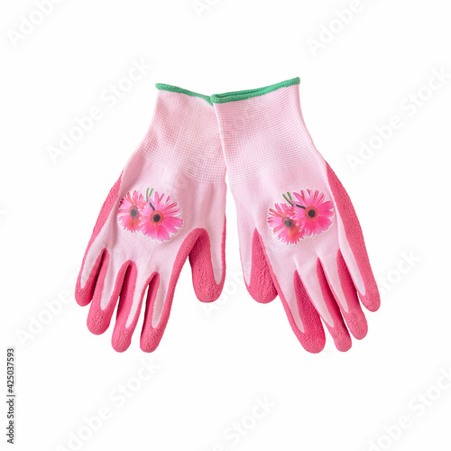 Pink rubber gardening work gloves isolated on white background. Gardening tool isolated.
