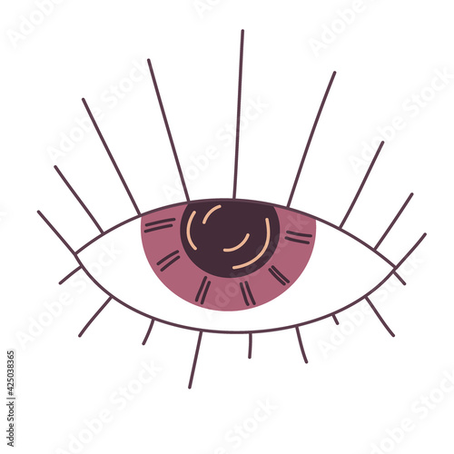 The all-seeing eye for palmistry is isolated on white background. Flat illustration with lines. Esoteric vector. Vector hand drawing. A mystical drawing. Isolated illustration