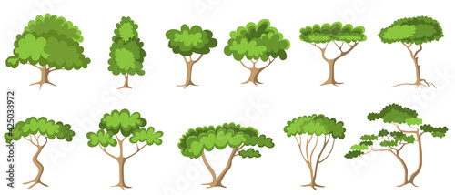 Set of green trees with foliage - forest trees, painted in modern flat cardboard style. Garden log icon, vector illustration on white isolated background.