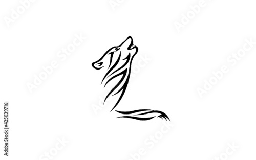 illustration of howling wolf in black and white on white background