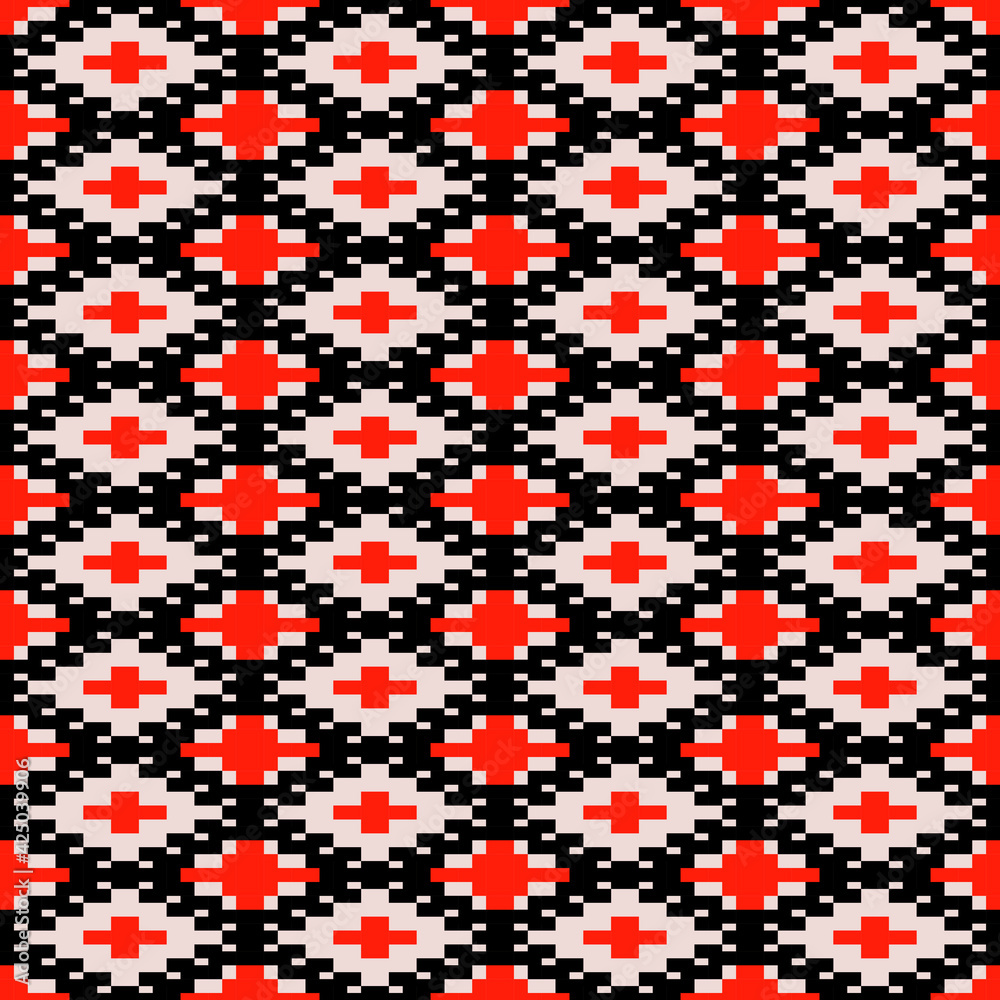 Rhombus From Pixels Pattern. Seamles Red And Black Ethnic Ornament. Vector Seamless Ethnical Ornament. Rhombus From Pixels Pattern. Seamles Red And Black Ethnic Ornament. Vector Seamless Ethnical Ornament.