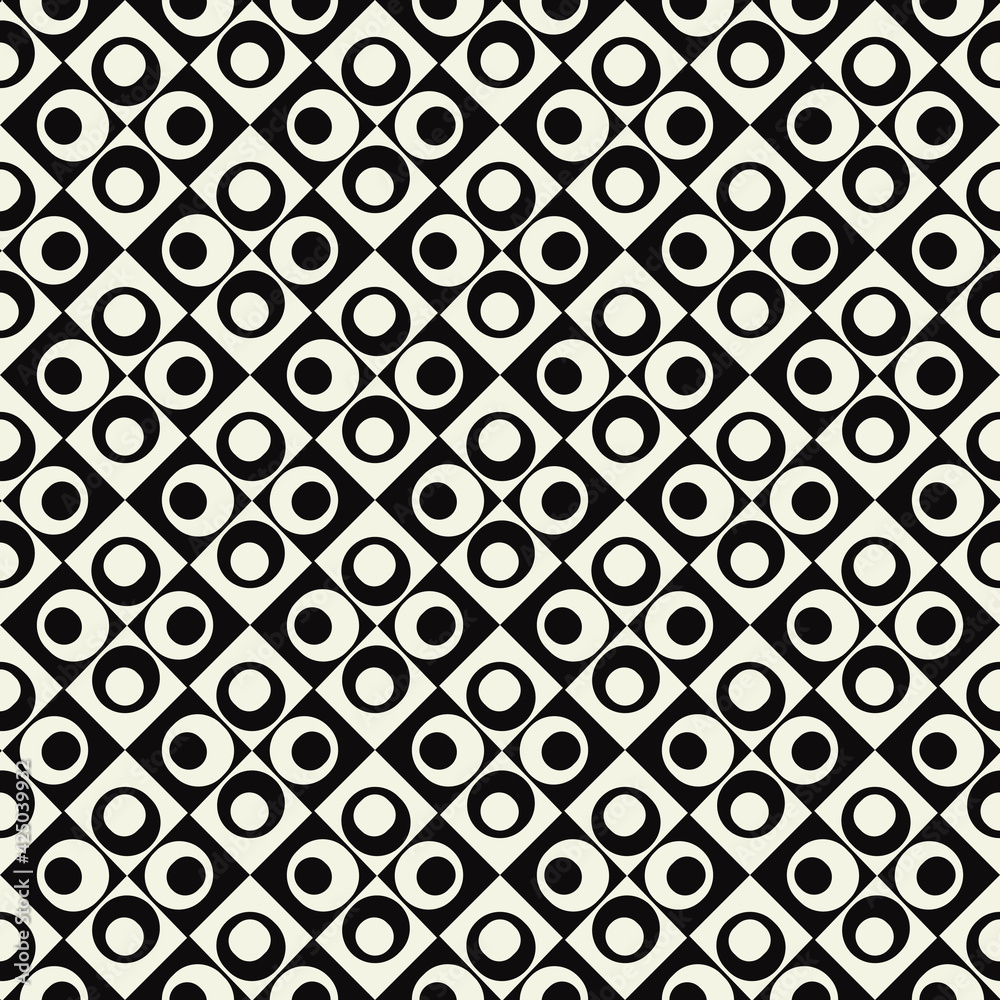 Monochrome Circles And Rhombuses Pattern. Vector Seamless Circles And Rhombuses Black And White Ornament.