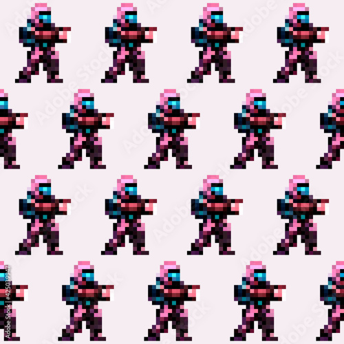 Space Trooper 2D Game Person Pattern. Seamless Wallpaper Space Trooper. Vector.