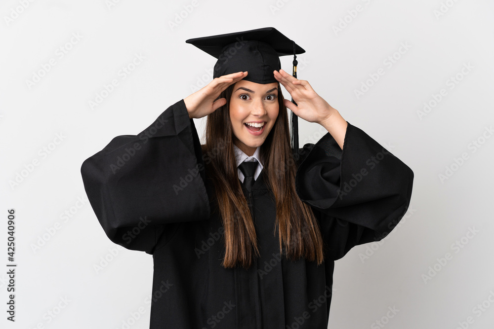 Teenager Brazilian university graduate over isolated white background with surprise expression Teenager Brazilian university graduate over isolated white background with surprise expression