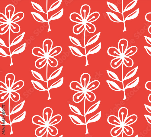 Red seamless pattern with doodle white flowers and leaves. Simple floral background