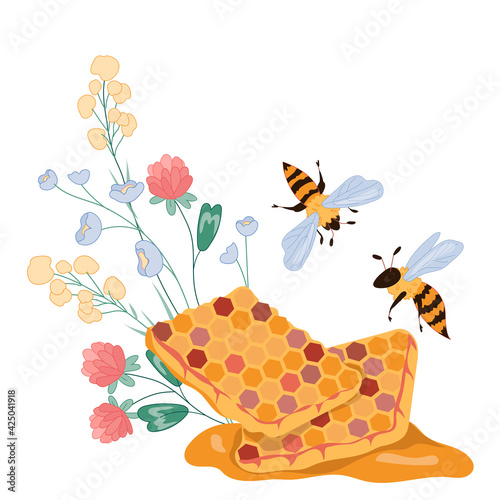 Honeycomb  with flying above it bees and flowers, flat vector illustration isolated on white background. Honeybees and honey in combs. Image for honey packaging.