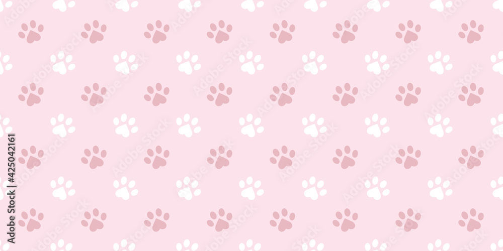 Pastel pink and white paw pattern with hearts background - obrazy, fototapety, plakaty 