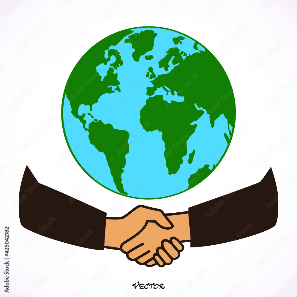 Handshake of two businessmen with globe at background. Icon Isolated on White Background, flat style. Handshake of two businessmen with globe at background. Icon Isolated on White Background, flat style.