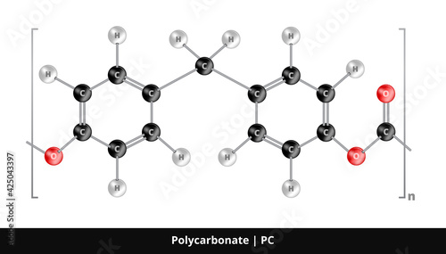 Vector ball-and-stick model of thermoplastic engineering or hi-tech polymer polycarbonate PC, strong and tough material made from bisphenol A and phosgene. The icon is isolated on a white background.