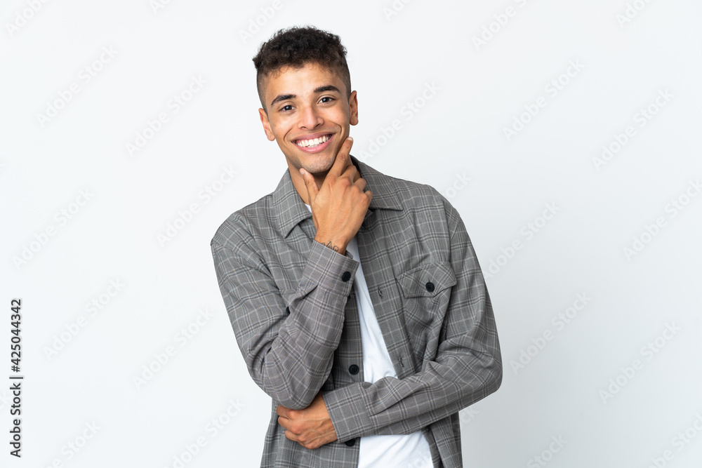 Young brazilian man isolated on white background happy and smiling Young brazilian man isolated on white background happy and smiling