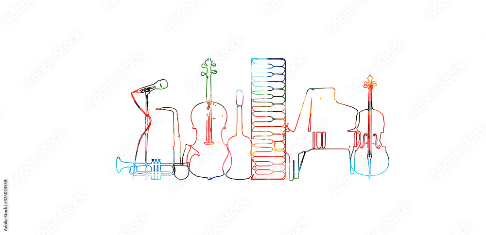 Φωτογραφία Colorful musical promotional poster with musical instruments outlined and isolated vector illustration