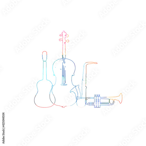Colorful musical promotional poster with musical instruments outlined and isolated vector illustration. Artistic abstract background for live concert events, music festivals and shows, party flyer