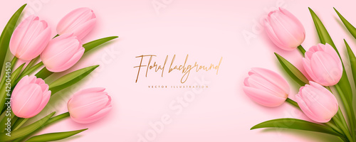 Banner design template. Vector illustration of realistic pink tulips. Floral background for poster, cover, booklets, wedding invitation