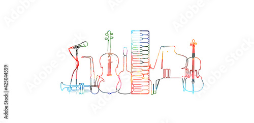 Fototapete Colorful musical promotional poster with musical instruments outlined and isolated vector illustration