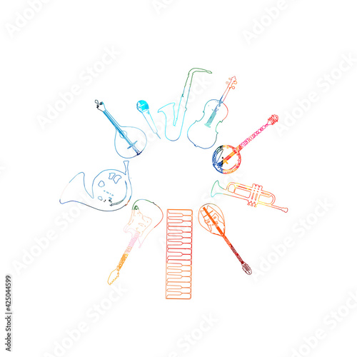 Colorful musical promotional poster with musical instruments outlined and isolated vector illustration. Artistic abstract background for live concert events, music festivals and shows, party flyer photo