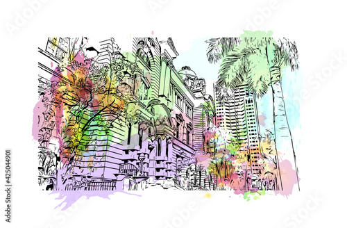 Building view with landmark of Durban is the city in South Africa. Watercolour splash with hand drawn sketch illustration in vector.