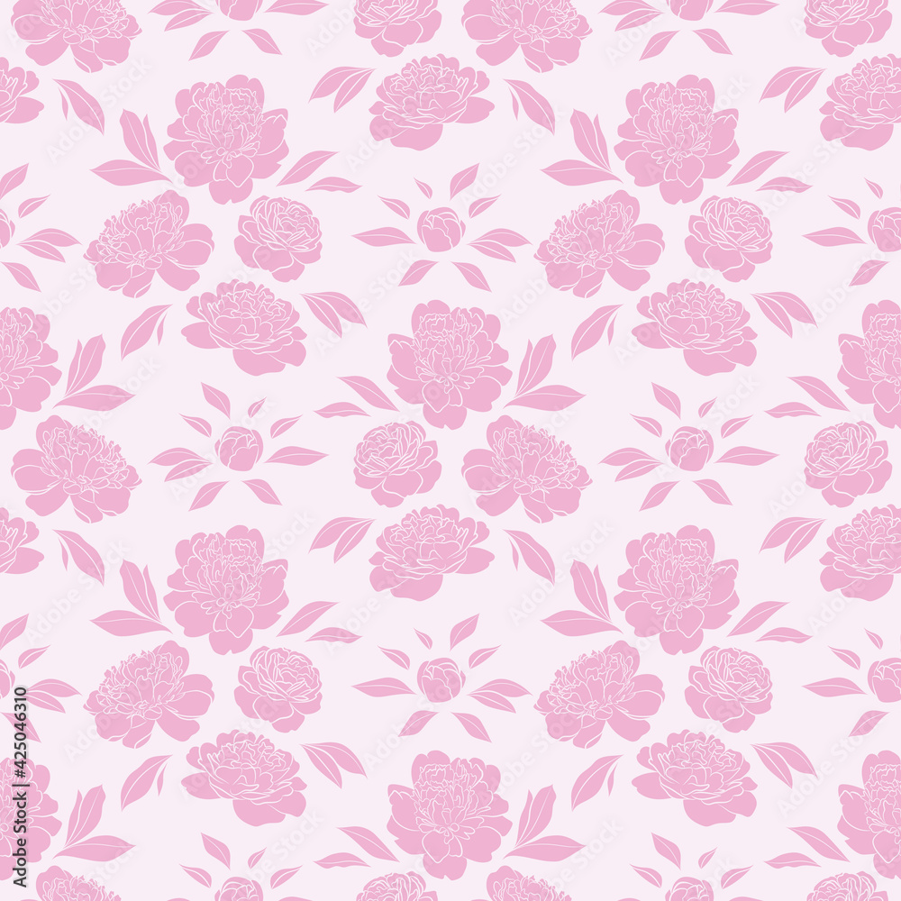 Pink peonies, peony floral repeat pattern vector background.