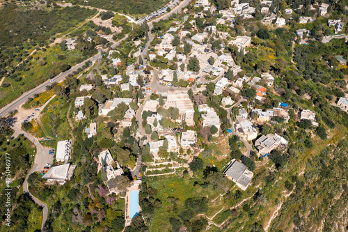 Ein Hod Artist hillside village houses, Aerial view. photo