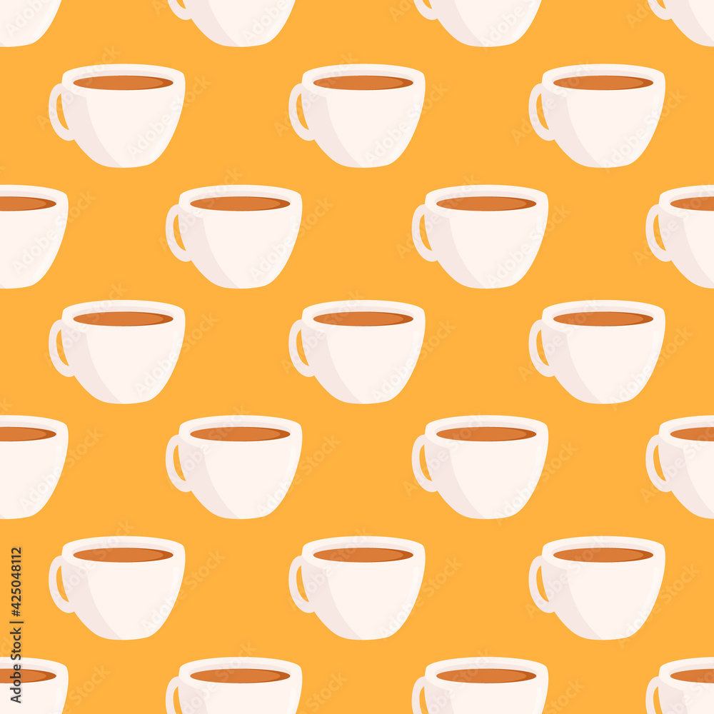 Coffee cup seamless pattern on yellow background. Drink background texture.It be perfect for fabric, wrapping, packaging, digital paper, advertisement and more