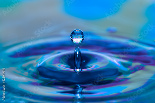 Water droplet splashing into blue and purple coloured water