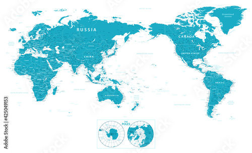 World Map - Pacific China Asia Centered View - The Poles - Blue Green Color Political - Vector Layered Detailed Illustration