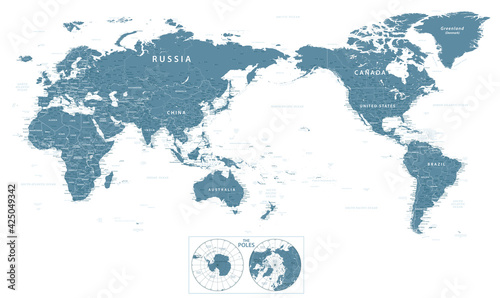 World Map - Pacific China Asia Centered View - The Poles - Grayscale Color Political - Vector Layered Detailed Illustration