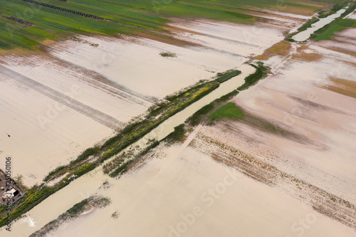 Flooded agricultural fields due to heavy rains, Aerial view.