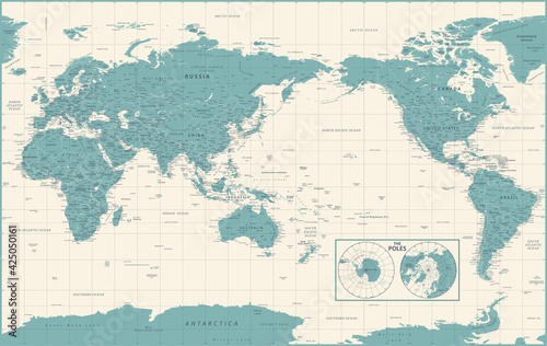 World Map - Pacific China Asia View - The Poles - Vintage Political Topographic - Vector Detailed Illustration