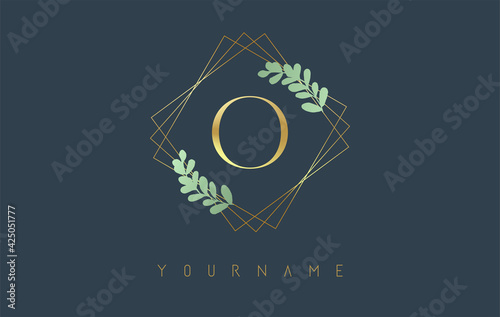 Golden Letter O Logo With golden square frames and green leaf design. Creative vector illustration with letter O.