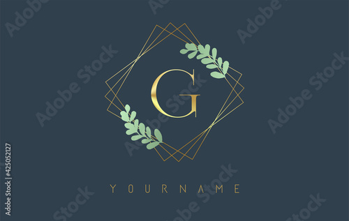 Golden Letter G Logo With golden square frames and green leaf design. Creative vector illustration with letter G.
