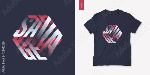 Savage. Graphic mens three dimensional t-shirt design, poster, typography. Vector illustration