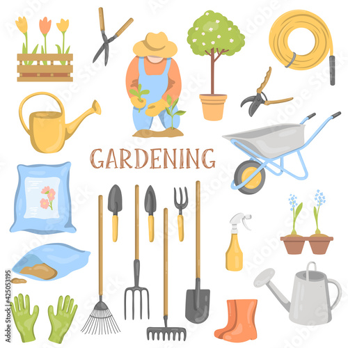 Collection of garden tools and plants. Garden and spring set, hand-drawn elements. Colorful vector illustration on a white background.