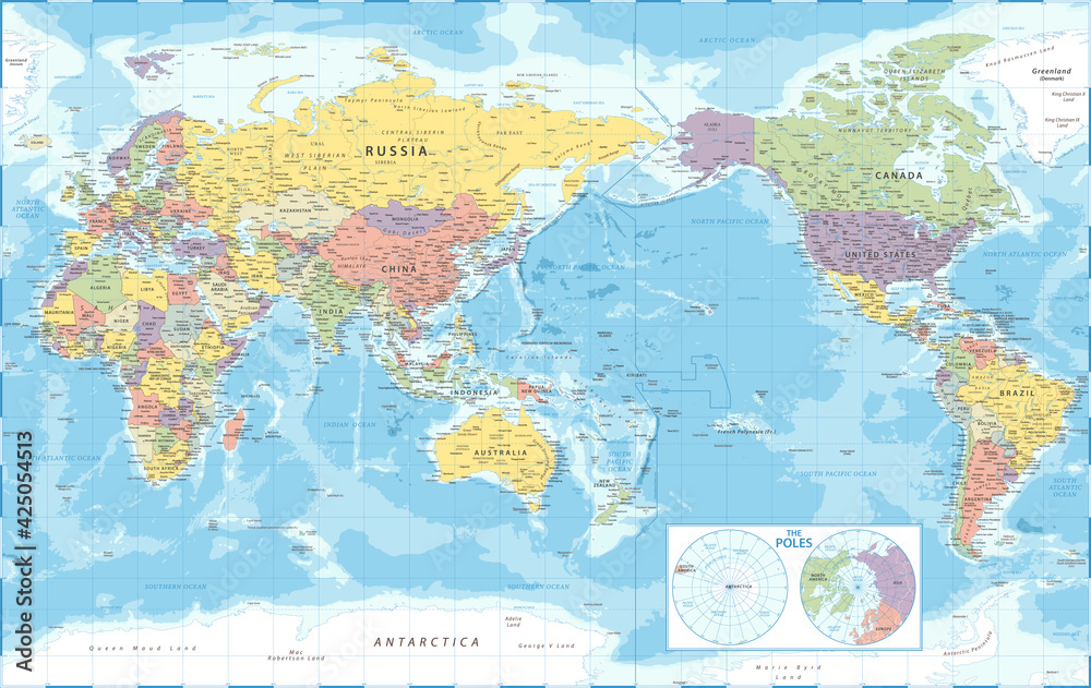 World Map - Pacific View - Asia China Center - The Poles - Political Topographic - Vector Detailed Illustration