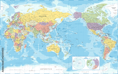 Fototapeta Naklejka Na Ścianę i Meble -  World Map - Pacific View - Asia China Center - The Poles - Political Topographic - Vector Detailed Illustration