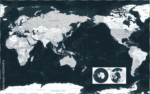 World Map - Pacific View - Asia China Center - The Poles - Dark Black Grayscale Political - Vector Detailed Illustration