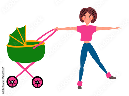Training with a baby stroller. A girl does sports exercises with her baby.