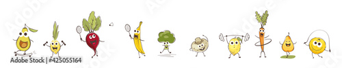 Funny cartoon vegetables go in for sports. Set vector illustrations with different comic vegetables	