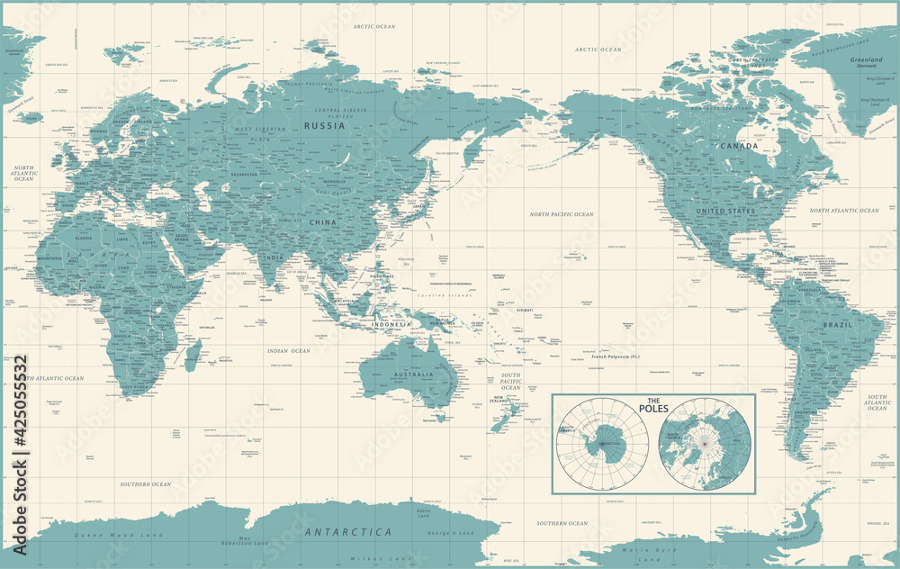 Fototapeta premium World Map - Pacific China Asia View - The Poles - Vintage Political Topographic - Vector Detailed Illustration