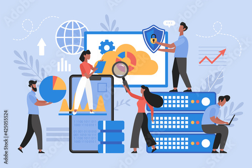 Data science concept. Modern vector illustration of people with data visualization graphs and charts.