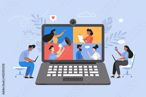 Online business meeting, and video conference concept.  Teamwork thinking and brainstorming vector illustration