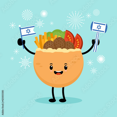 Israel Independence day concept with cute falafel in pita bread character. Greeting card and banner design