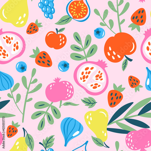 Seamless pattern with fuits and berries. Childish print for greeting card, wrapping paper,wallpaper and invitation background.