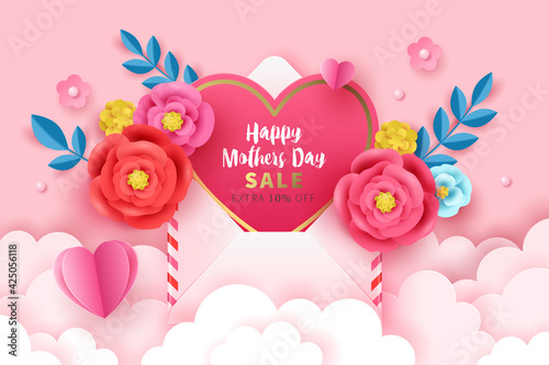 Mother's day sale banner template for social media advertising, invitation or poster design with paper art flowers background.