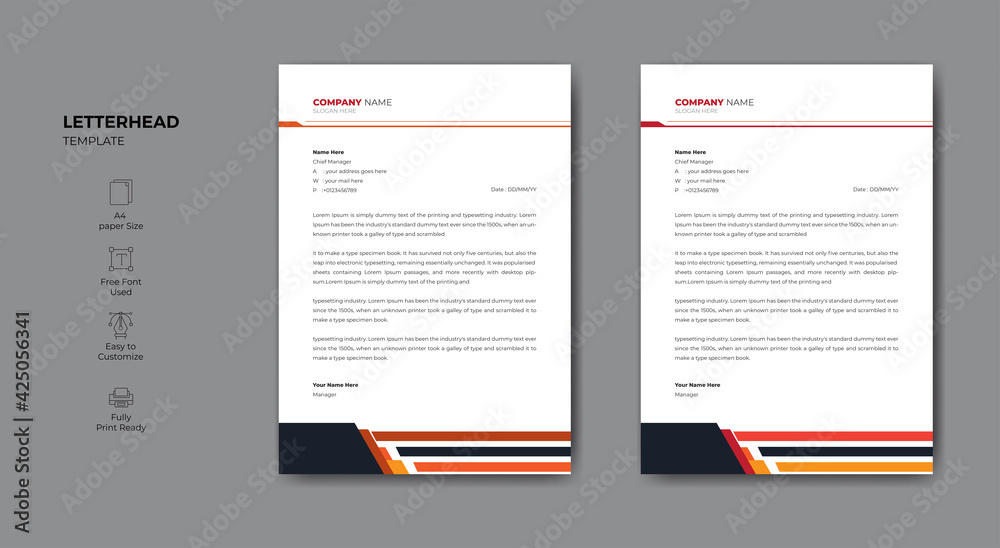 Clean and modern abstract corporate letterhead design for your project. Business style letterhead template design.