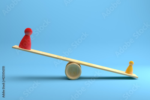 Red and Yellow Pawns Figures Imbalanced on Wooden Seesaw over Blue Background. 3D Rendering photo